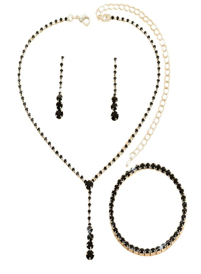 DATOA Sparkling Jewelry Set Wedding Jewelry Sets for Women Dainty Imitation Crystal Necklace Bracelet Earrings Set Wedding Accessories for Brides - Black - Image 1